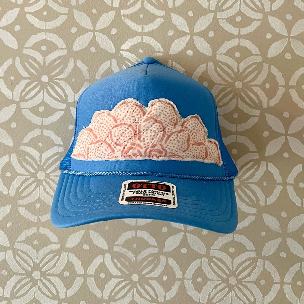 Blue Trucker Hat with Pink Floral Quilted Design